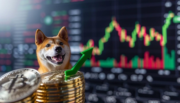 Dogecoin cryptocurrency gouden symbool en aandelen grafiek kaarsen op tablets Gebruik technologie