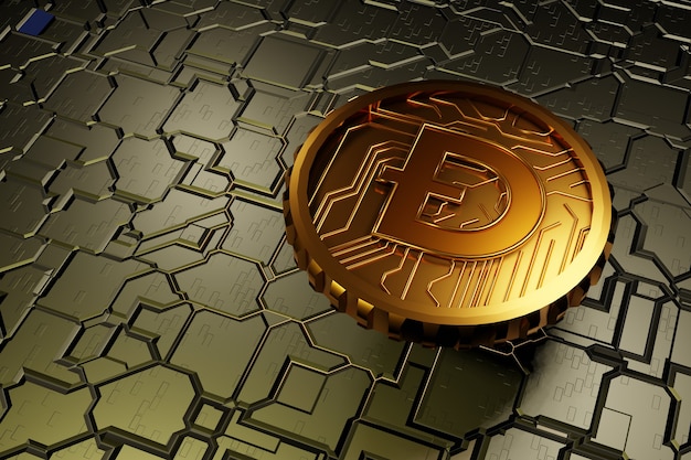 Dogecoin on a hard surface motherboard background. Doge crypto currency. 3D rendering