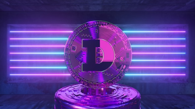 Dogecoin in een futuristische toekomstige kamer met neonverlichting. Cryptocurrency-concept. 3d illustratie