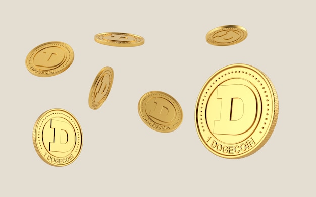 Dogecoin munt vliegen op duidelijke achtergrond. Dogecoins-cryptocurrency. blockchain, digitale gelduitwisseling. Verschillende posities en rotaties.