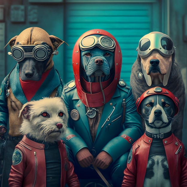 Dogs biker gang dressed in red and blue retro latex jumpsuits