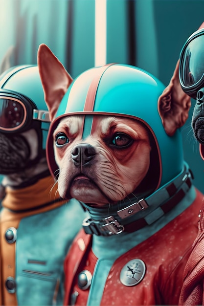 Dogs biker gang dressed in red and blue retro latex jumpsuits