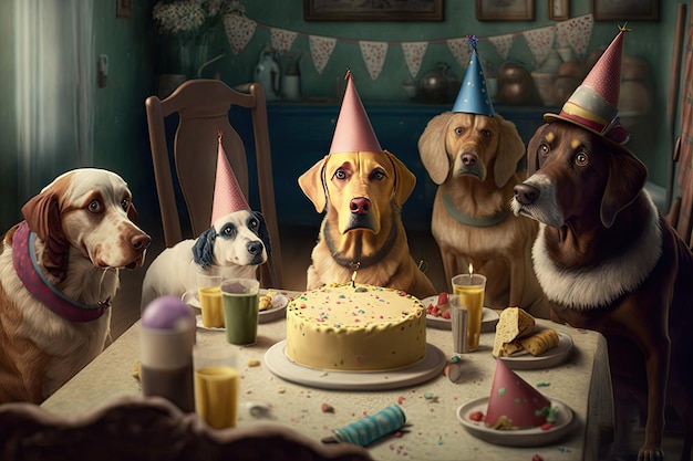 Dogs in birthday caps sit at party Illustration AI Generative