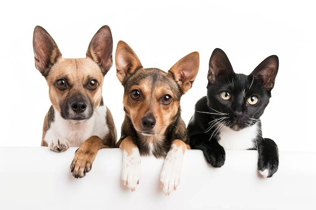 白い旗の上に吊るされた犬と猫