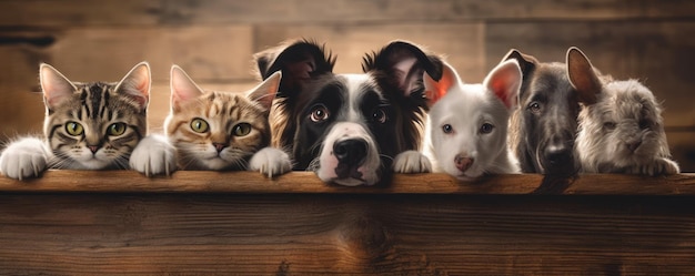 Photo dogs and cats peeking over the clear wooden top line petshop banner happy smile funny generative ai image weber