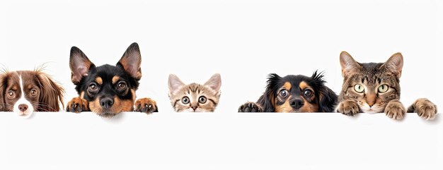 Dogs and cats peeking over a white wall showcasing various dog breeds