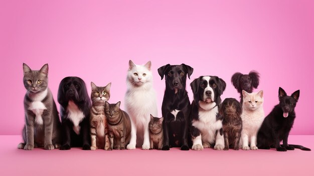 Dogs and cats in a portrait together