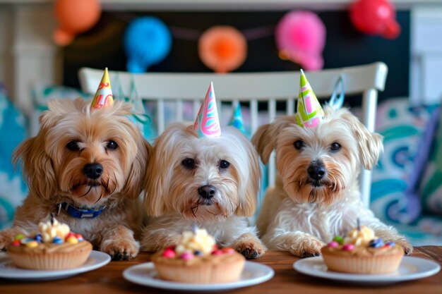 屋内で誕生日を祝う犬たち