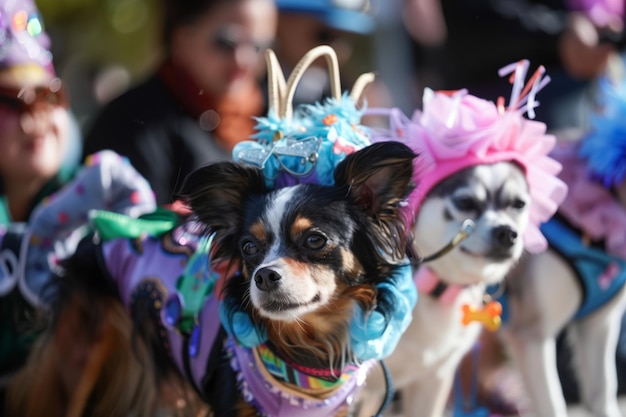 Foto cani in costume con i proprietari alla parata degli animali domestici