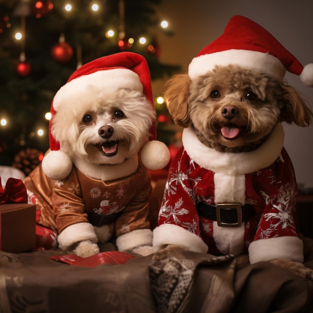 クリスマスをテーマにした衣装を着た犬がクリスマスパーティーの準備をする