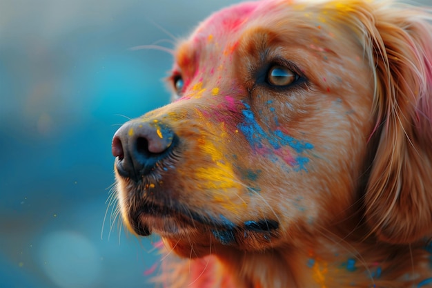 A dogs face covered in colored paint celebrating the Holi Festival of Colors