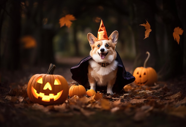 Dogs in Halloween hats and witch costumes in the woods are scary