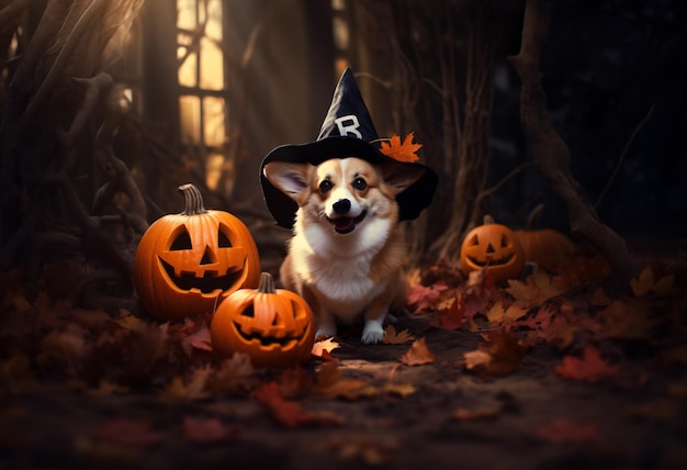 Dogs in Halloween hats and witch costumes in the woods are scary