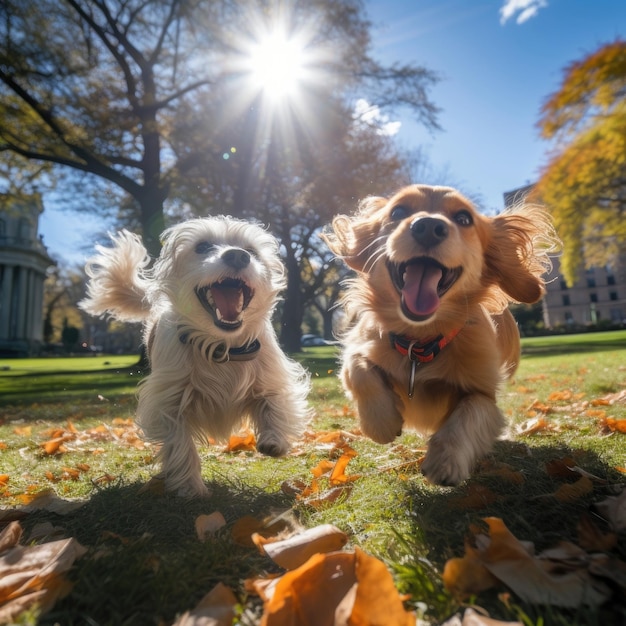 Photo dogs happily playing together in a sunny park