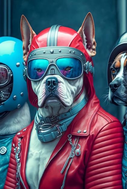 Dogs motorbende gekleed in rode en blauwe retro latex jumpsuits