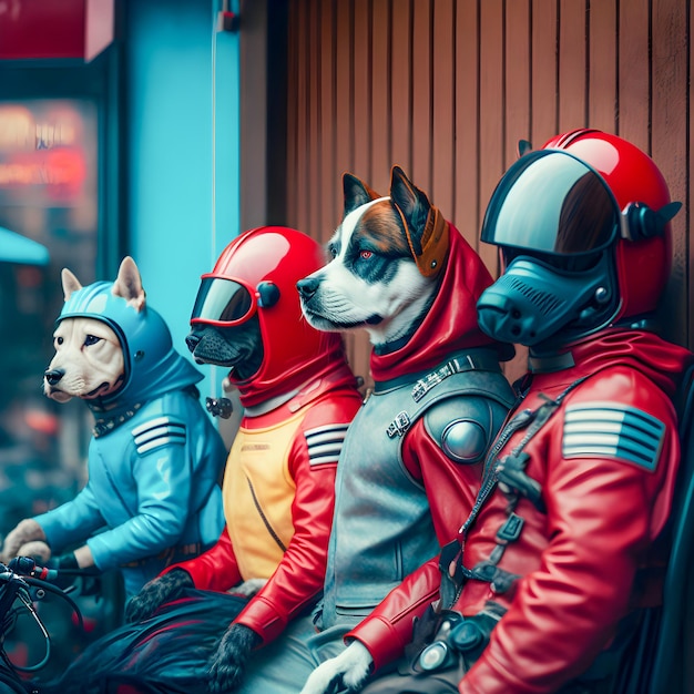 Dogs motorbende gekleed in rode en blauwe retro latex jumpsuits