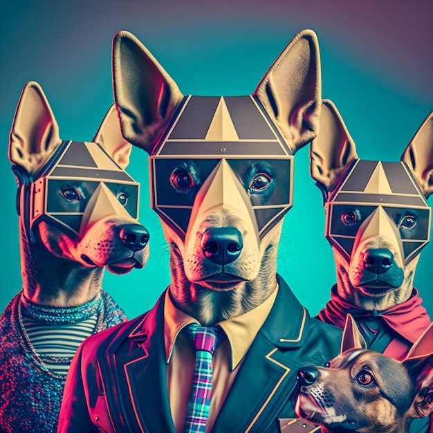 Dogs music band illustration fashionable, retro pop and coroful pattern, anthropomorphic animal