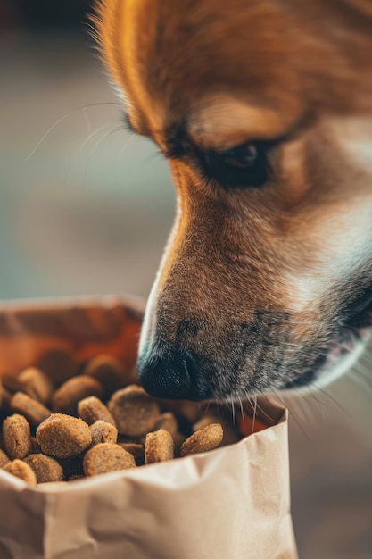 Dogs nose close up sniffing dry food in a bag of treats Generative AI