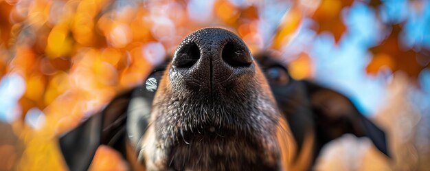 Foto un naso di cane che annusa la telecamera con le foglie d'autunno di un parco che forniscono un bokeh colorato