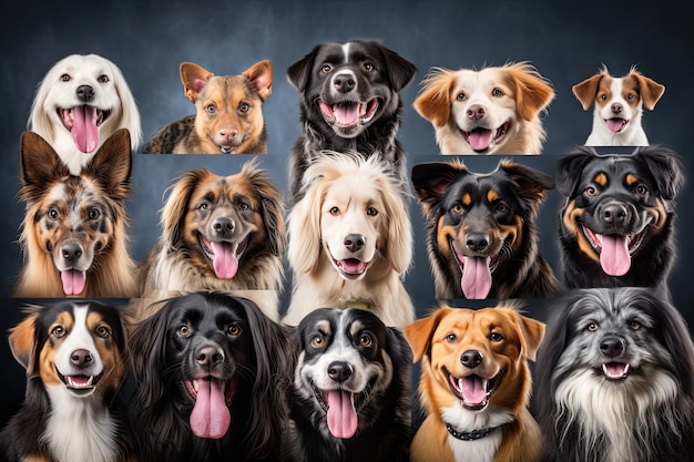사진 다양한 품종의 개 콜라지는 귀여운 개 또는 애완동물은 다채로운 또는 경사 배경에 고립되어 행복하게 보입니다.