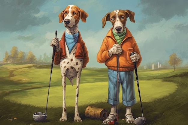 Dogs playing golf illustration generative ai