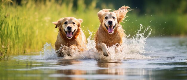 Photo dogs playing in a lake