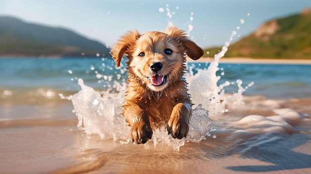 夏を楽しむビーチで水遊びをする犬たち