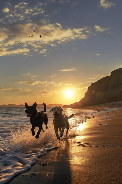 dogs running on the beach at sunset with the sun setting generative ai