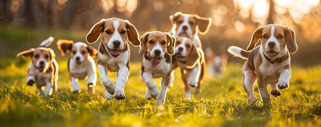 dogs running in the park with the sun behind them