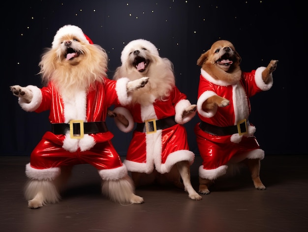 Photo dogs in santa claus costumes dance a retro dance bugel vugel on the dance floor