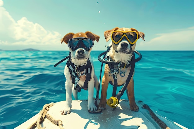 Dogs scuba divers and photographer wearing mask and gear