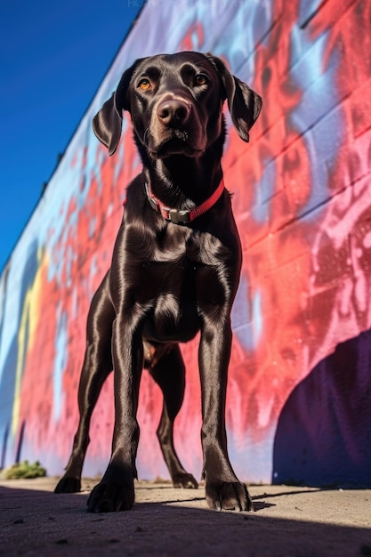 A dogs shadow on a vibrant graffiti wall created with generative ai