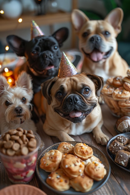 Photo dogs sitting around table filled with food