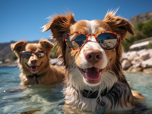 dogs in sunglasses on the background of the beach Generative AI