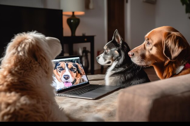 Photo dogs talking with friends on a video conference on a laptop