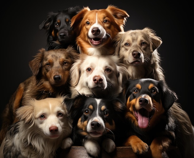 Dogs of various breeds piled up smiling and looking at the camera