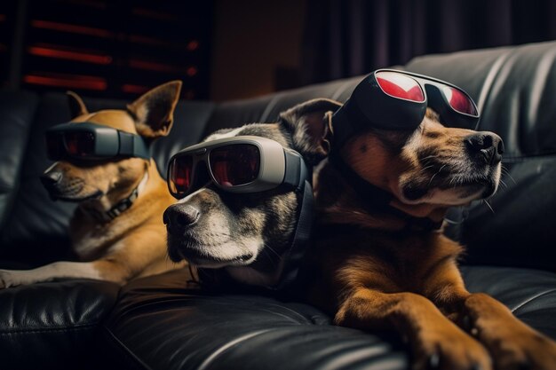 Photo dogs watching a movie on the couch with vr virtual reality headsets