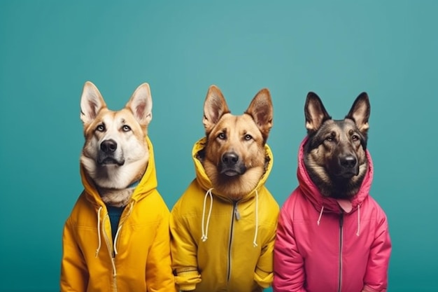 dogs wearing jackets with jackets on the front and the words dogs in the middle.