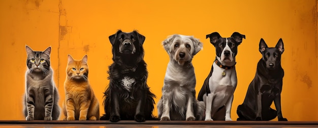 собаки с кошками стоят вместе на желтом фоне