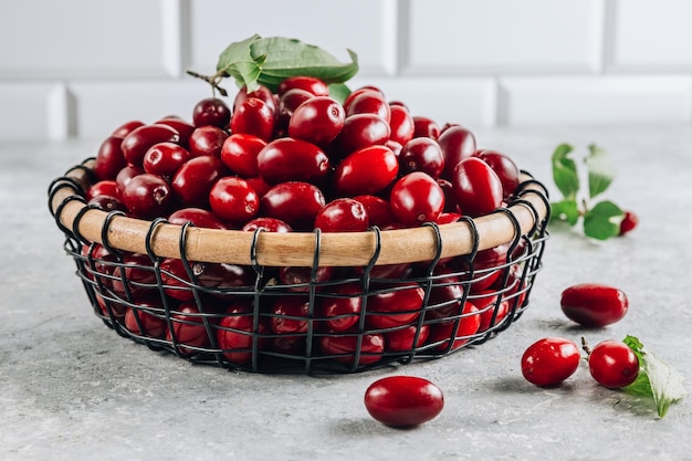 Photo dogwood berry in a basket ripe red cornel on light gray background selective focus