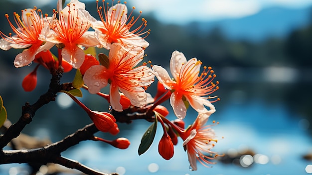 Dogwood photography in orange amid a dreamy dark teal background Modern turquoise photo