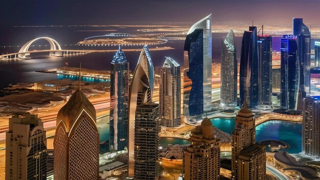 Doha city illuminated high view landscape