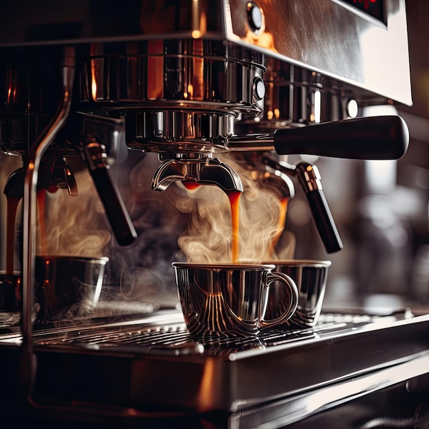 Foto fare il caffè con la macchina in acciaio inossidabile l'acqua del caffè scorre