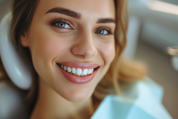 전문적으로 하는 웃는 예쁜 여성은 클리닉에서 치과 의사에 의해 그녀의 치아를 검사하고 있습니다