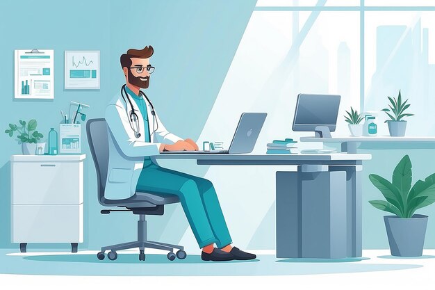 Dokter aanwezig aan de tafel in de ziekenhuiskliniek gezondheidszorgconcept Personage professionele arts op de werkplek illustratieBannerlayout templecoveradposter