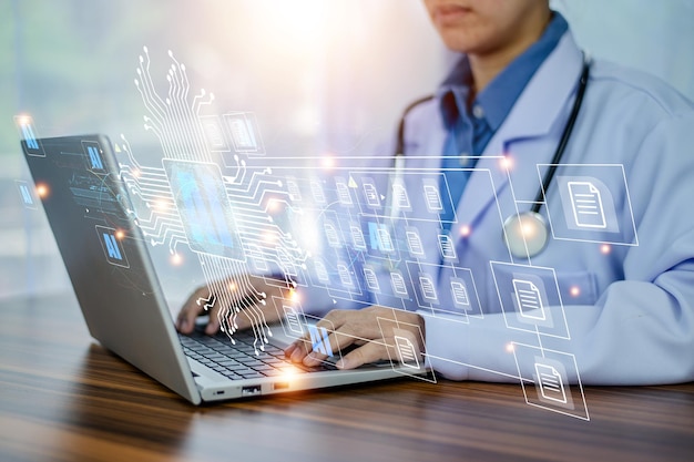 Dokter AI kunstmatige intelligentie in moderne medische technologie en IOT-automatisering Dokter met behulp van AI documentbeheerconcept