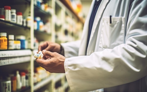 Foto dokter apotheker in witte jas met medicijnen in de apotheek