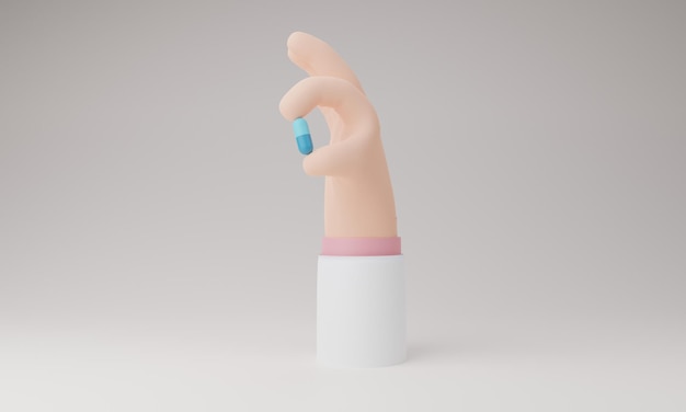 Dokter cartoon hand houdt een PAXLOVID capsule antivirale drug pil voor anti Corona virusCOVID19 pastel conceptIsolate backgroundHealthcare Medical3D rendering illustratie