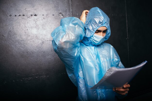 Dokter die in de buurt van de muur staat, draagt een beschermend pak, houdt documenten vast en leest ze