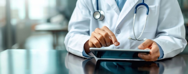 Dokter die met een laptopcomputer in het ziekenhuiskantoor werkt Medisch gezondheidszorgpersoneel en medische dienst